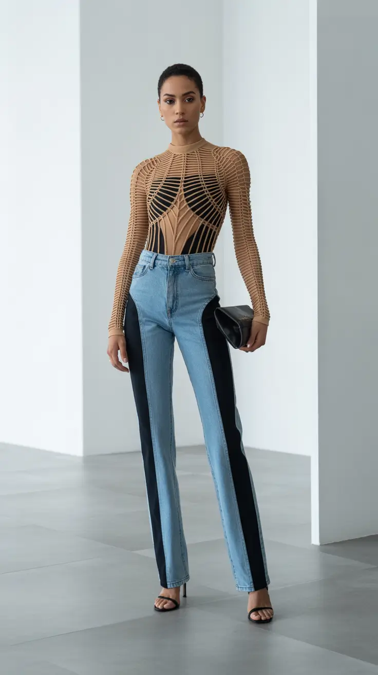 Denim outfits 2026 Futuristic Lines and Two-Tone Vision