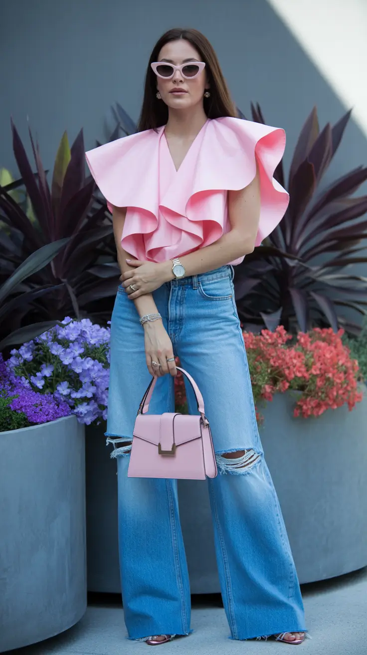 Denim outfits 2026 Feminine Power in Pink and Denim