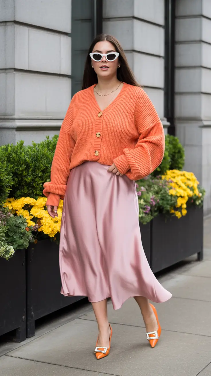plus size outfits 2026 Peach Glow & Satin Flow