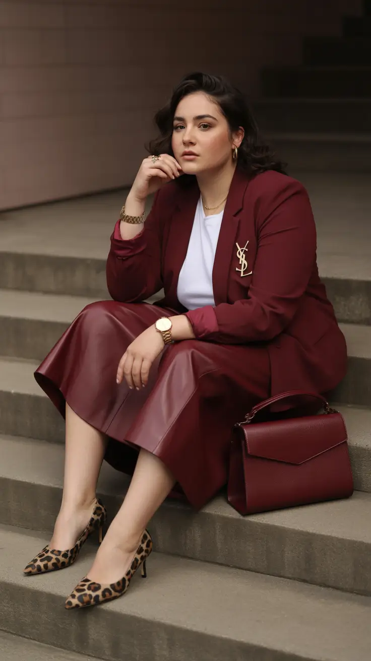 plus size outfits 2026 Maroon Power Match with Leopard Accents