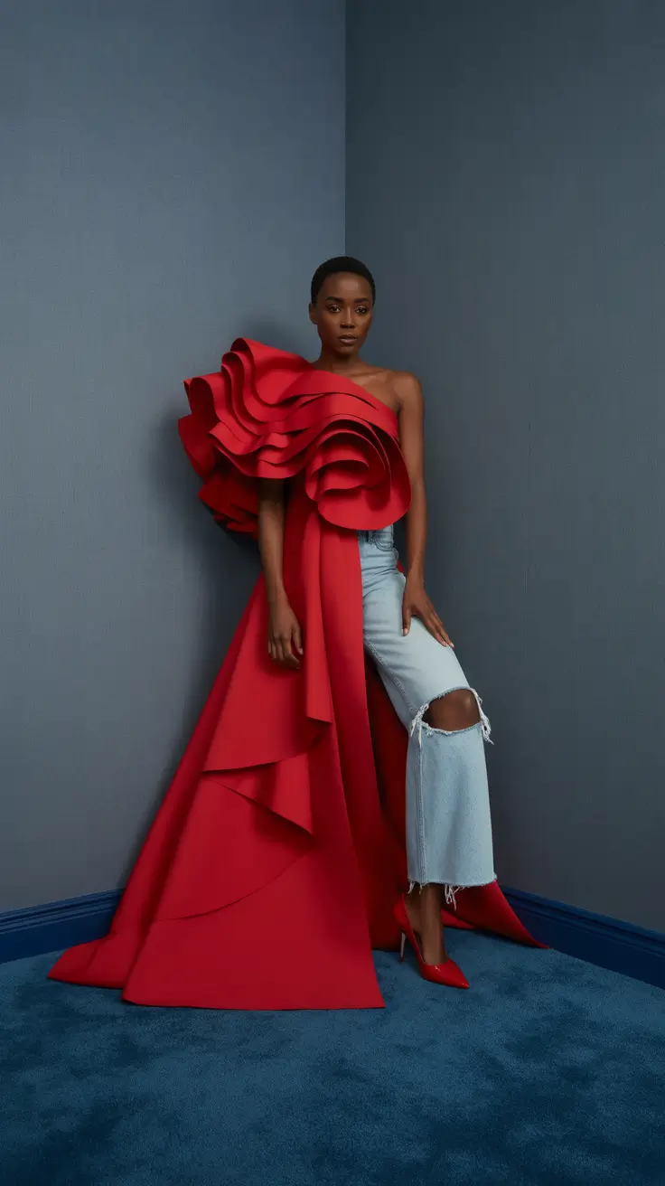 going out outfits 2026 Red Drama Meets Denim