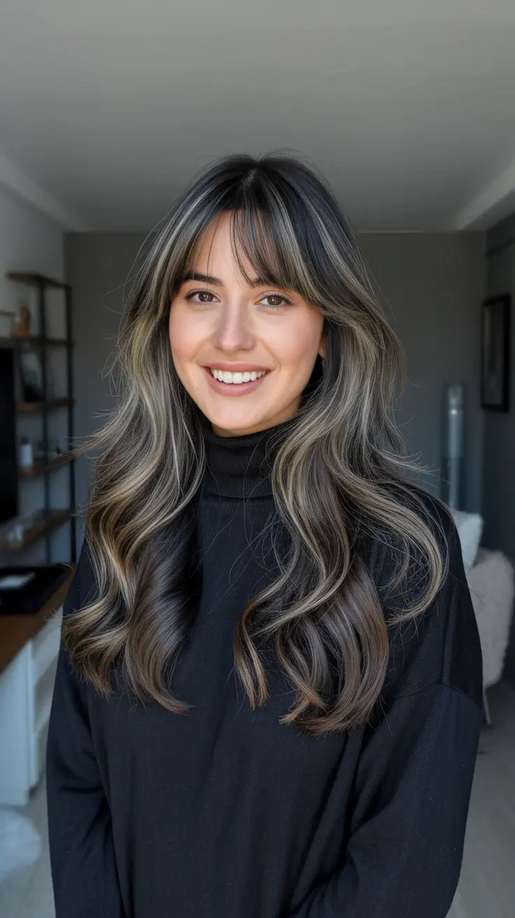 hair color ideas 2026 Subtle Espresso Ribbons on Long Brunette Waves