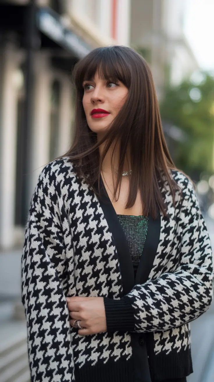 hair color ideas 2026 Chocolate Brown with Straight Fringe