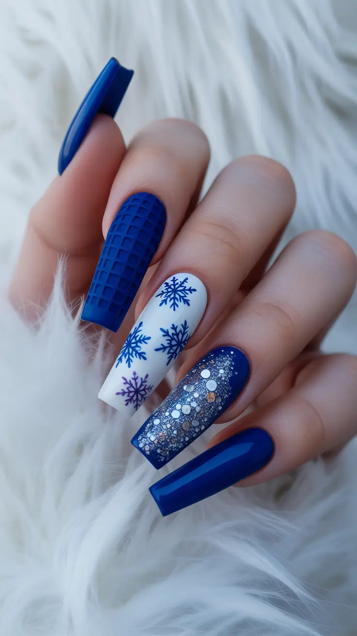 Modern Blue Nails Christmas 2025 Cozy Snowflake Texture