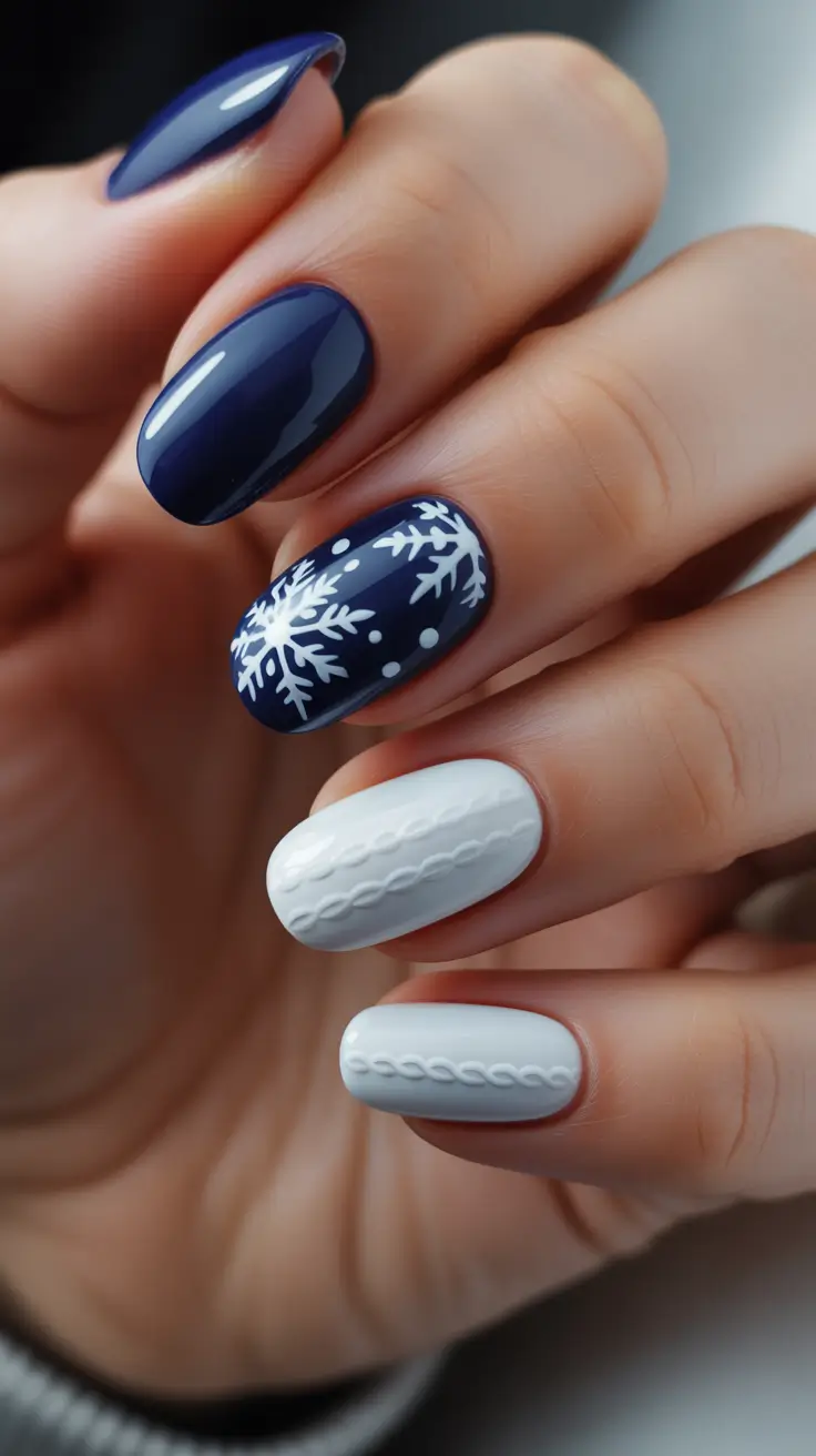 Modern Blue Nails Christmas 2025 Nordic Knit Elegance