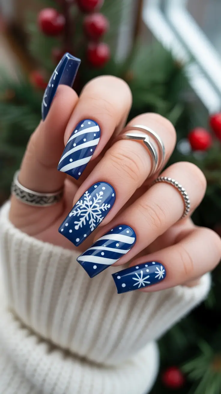Modern Blue Nails Christmas 2025 Snowflake Symphony