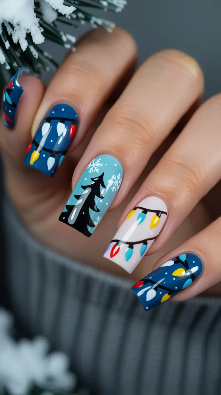 Modern Blue Nails Christmas 2025 Christmas Lights & Cheer