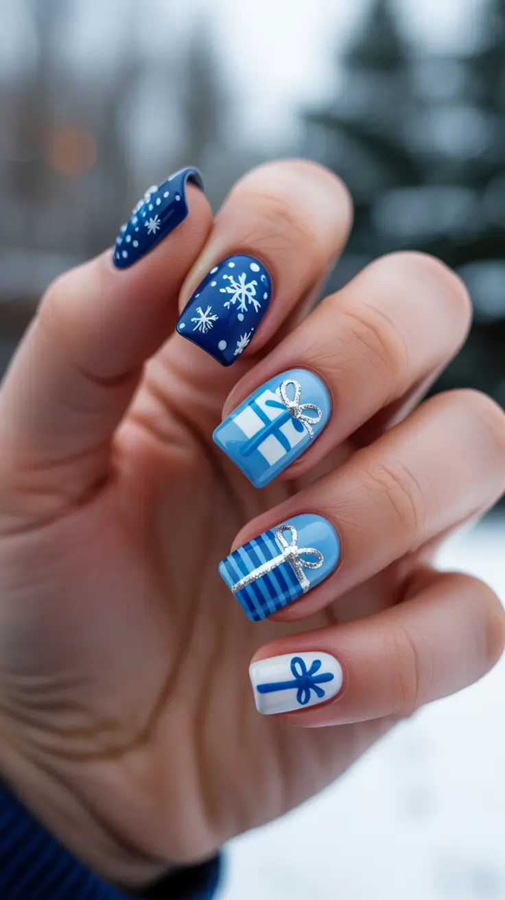 Modern Blue Nails Christmas 2025 Gift-Wrapped Glam