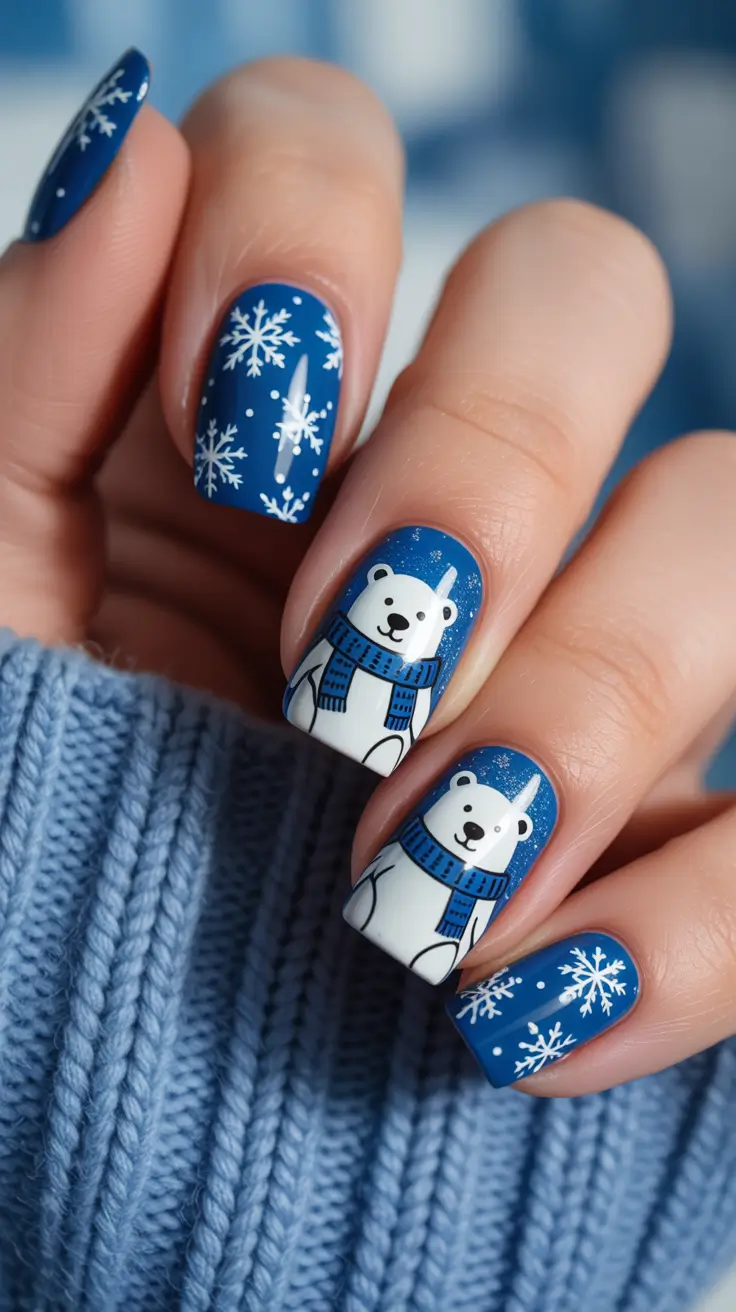 Modern Blue Nails Christmas 2025 Cozy Polar Dream