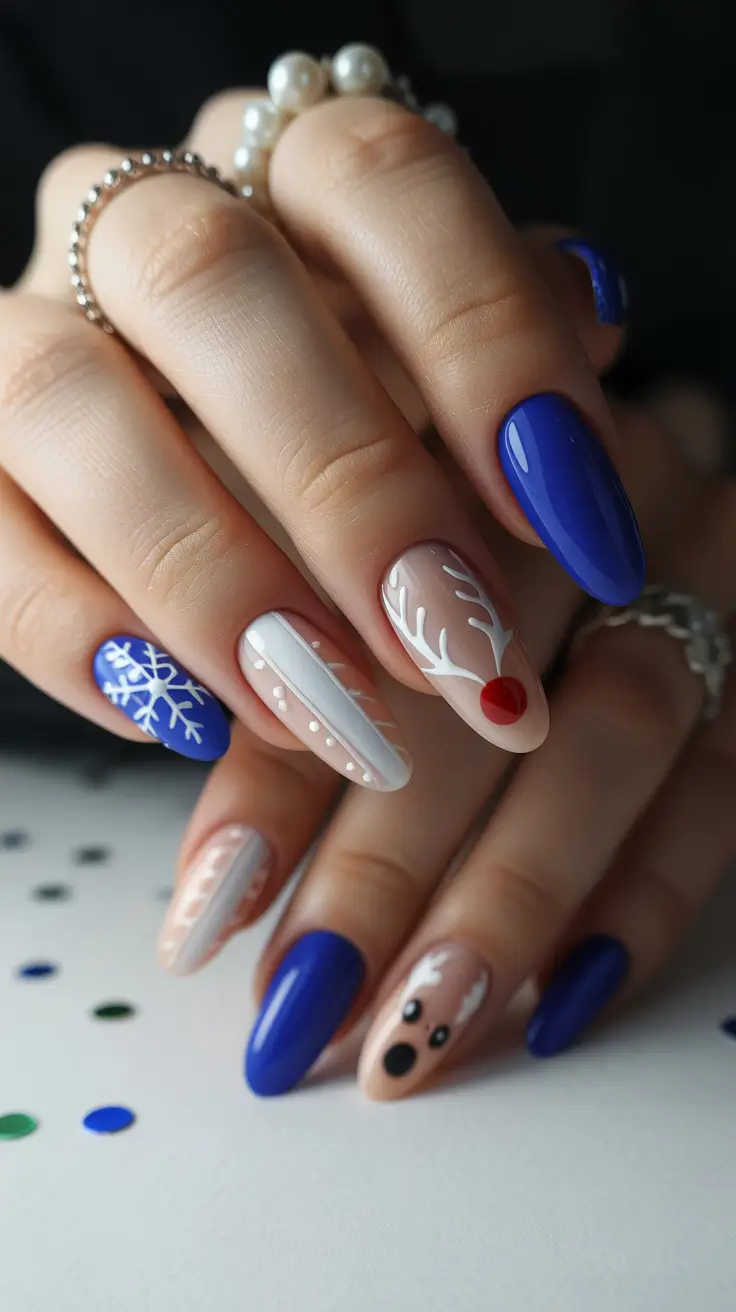Modern Blue Nails Christmas 2025 Winter Story in Blue and Nude