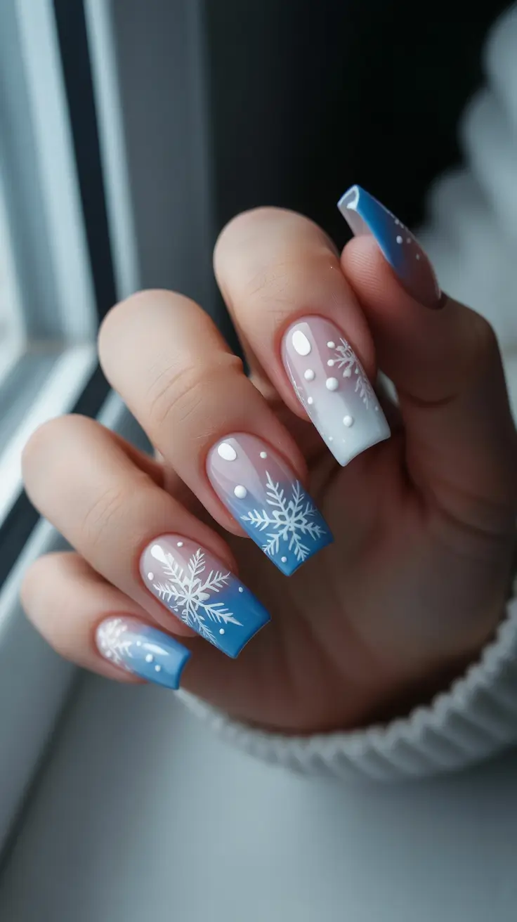 Modern Blue Nails Christmas 2025 Frost-Tipped Ombre