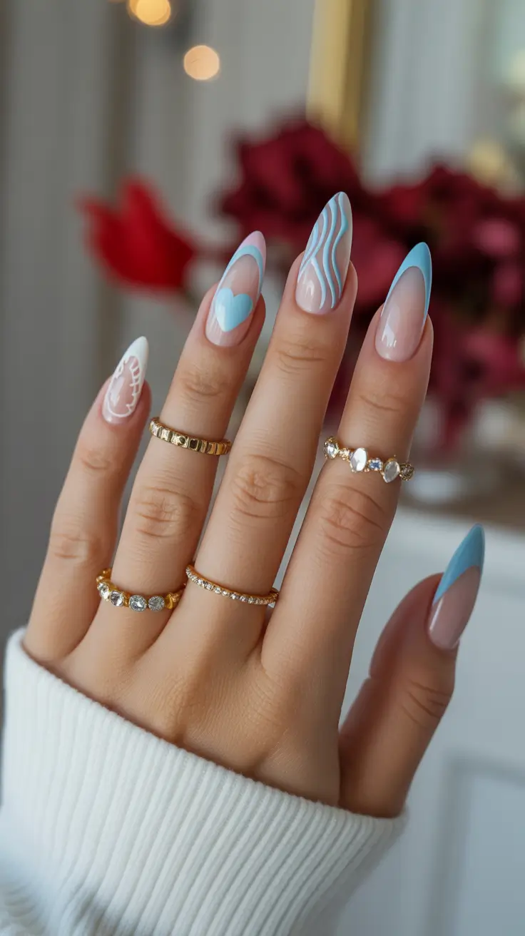 Modern Blue Nails Christmas 2025 Frosted Heart Elegance