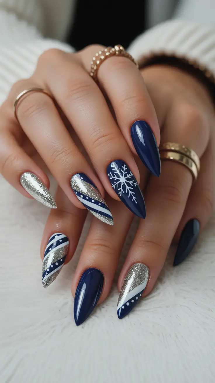 Modern Blue Nails Christmas 2025 Snowflake Glam in Silver and Navy