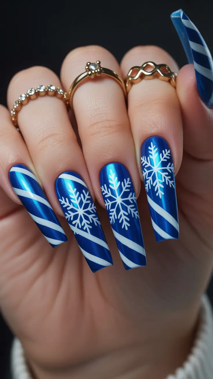 Modern Blue Nails Christmas 2025 Holiday Chic Stripes