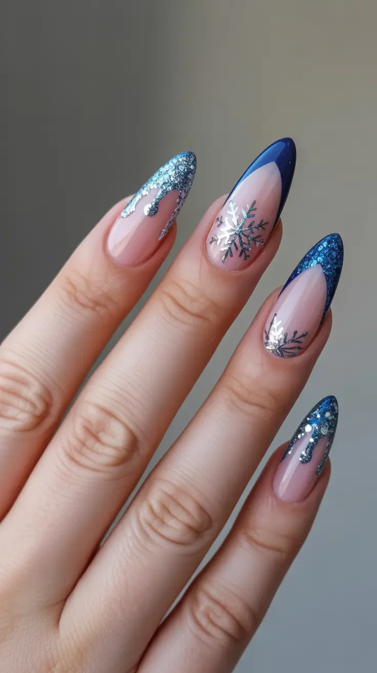Modern Blue Nails Christmas 2025 Crystal Frost French