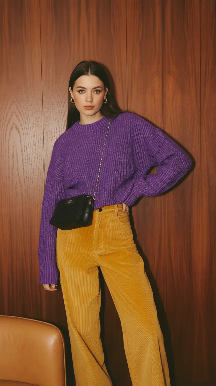 casual outfits 2026 Bold Contrast Purple Meets Mustard