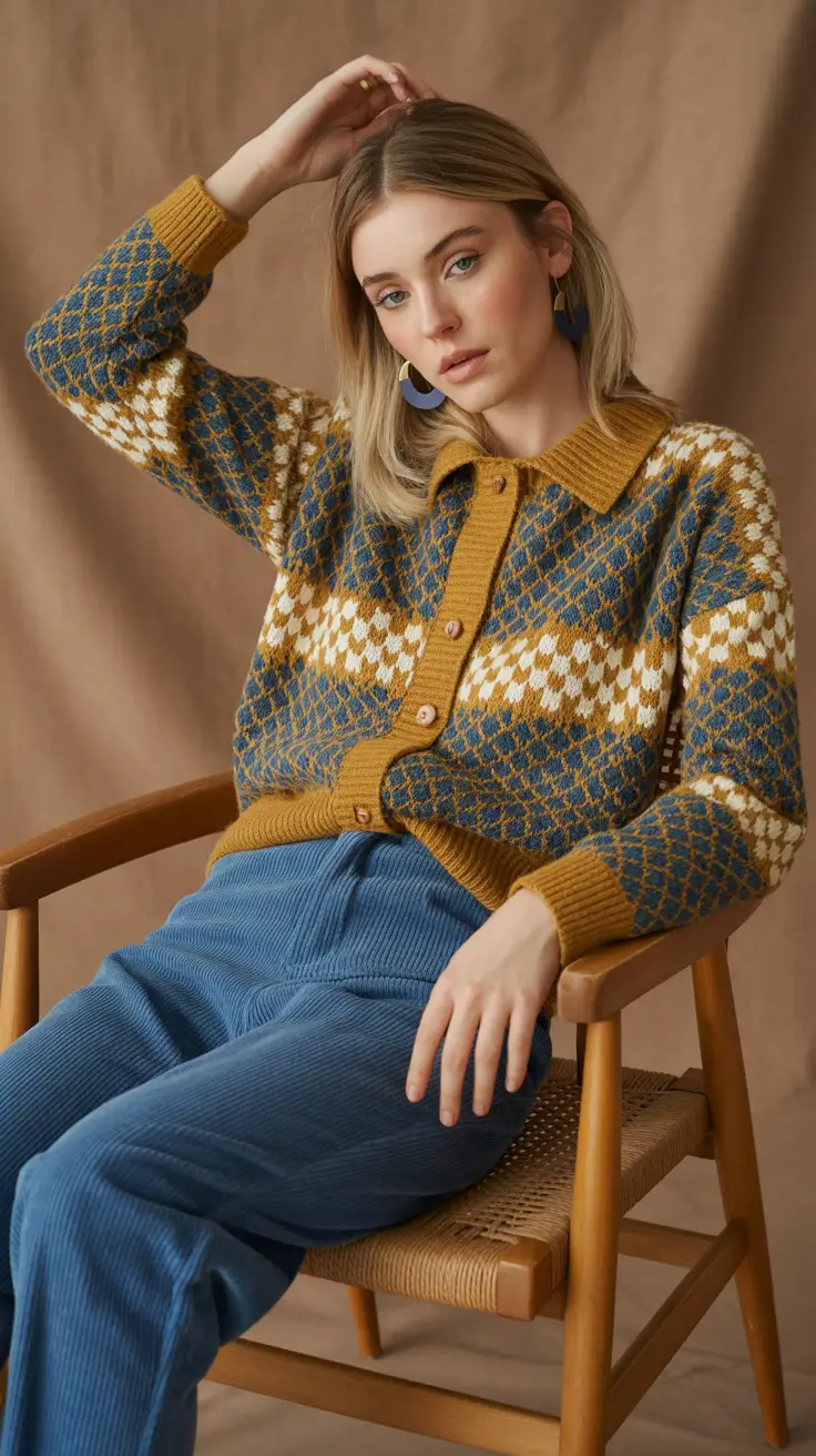casual outfits 2026 Retro Layers Blue and Mustard Harmony