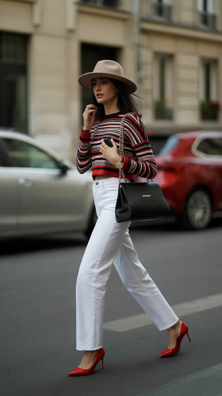 casual outfits 2026 City Sleek Modern Stripes and White Denim