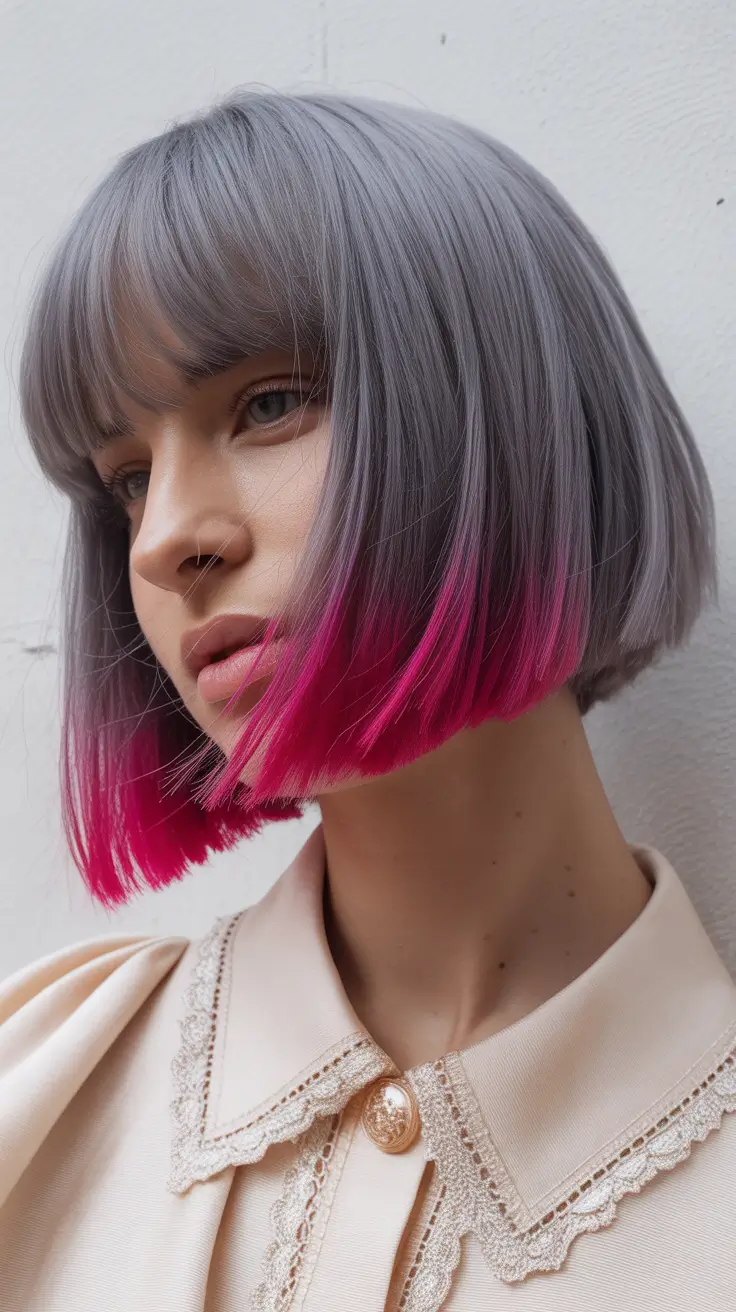 pink hair color 2026 Grey and Hot Pink Combo with Bold Impact