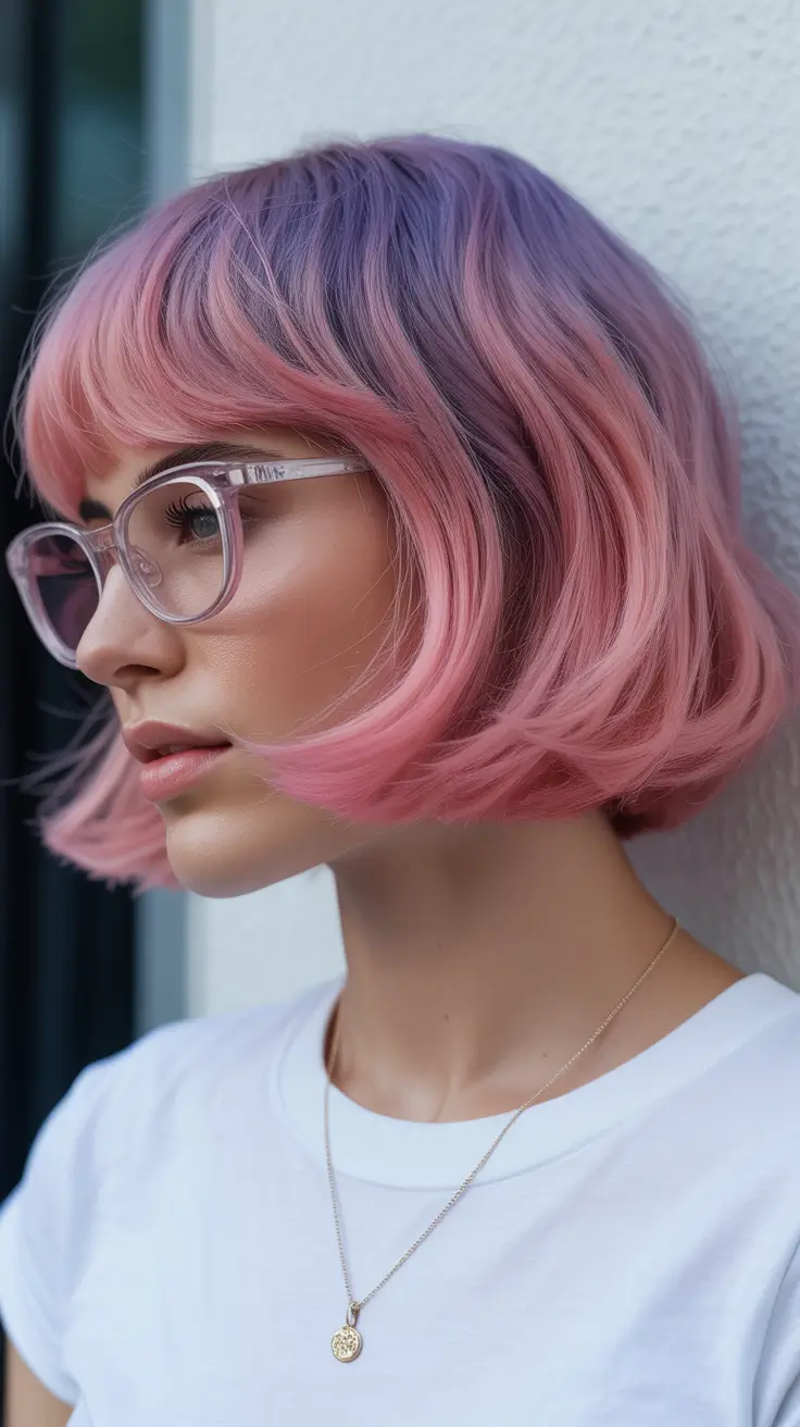 pink hair color 2026 Pretty in Pink and Lavender with a Playful Bob