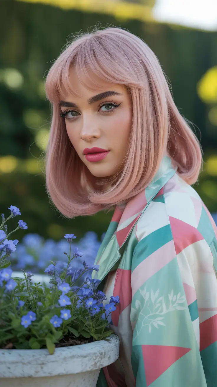 pink hair color 2026 Soft Pink Bob with a Pop of Colorful Vibes