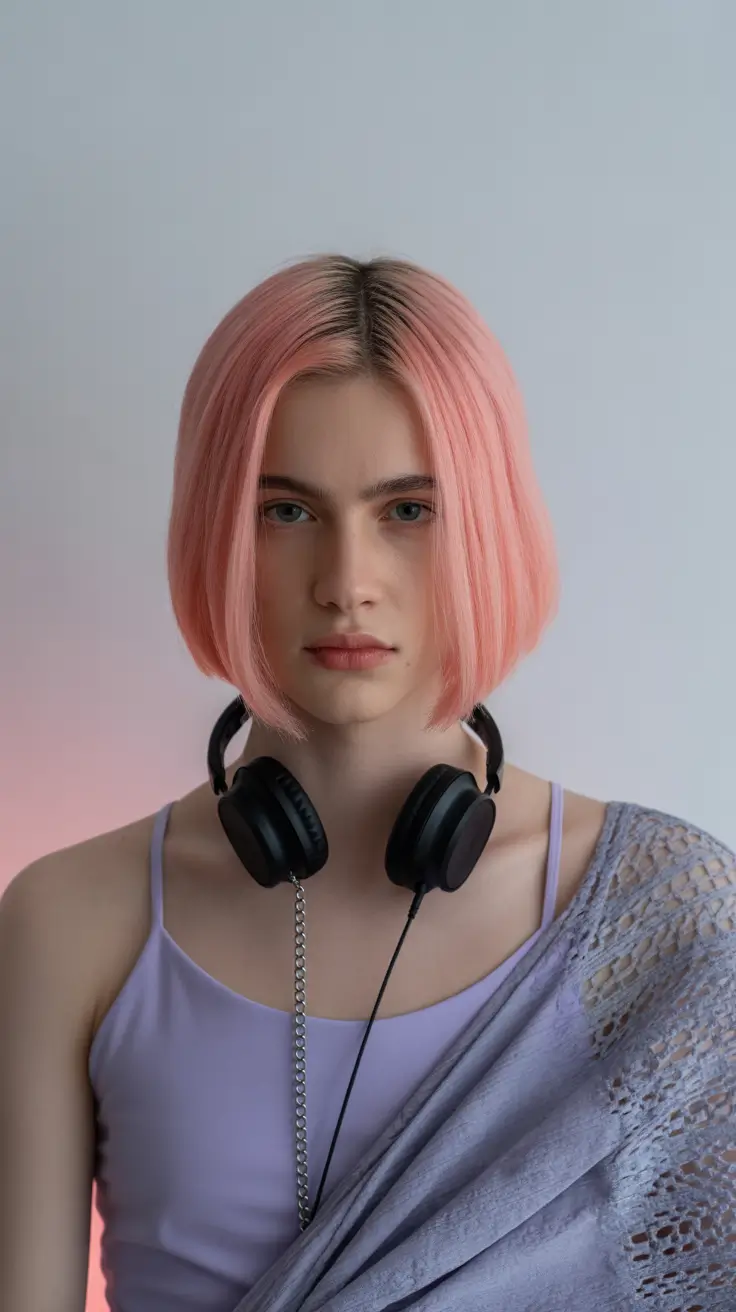 pink hair color 2026 Muted Peachy Pink Bob with a Minimalist Touch