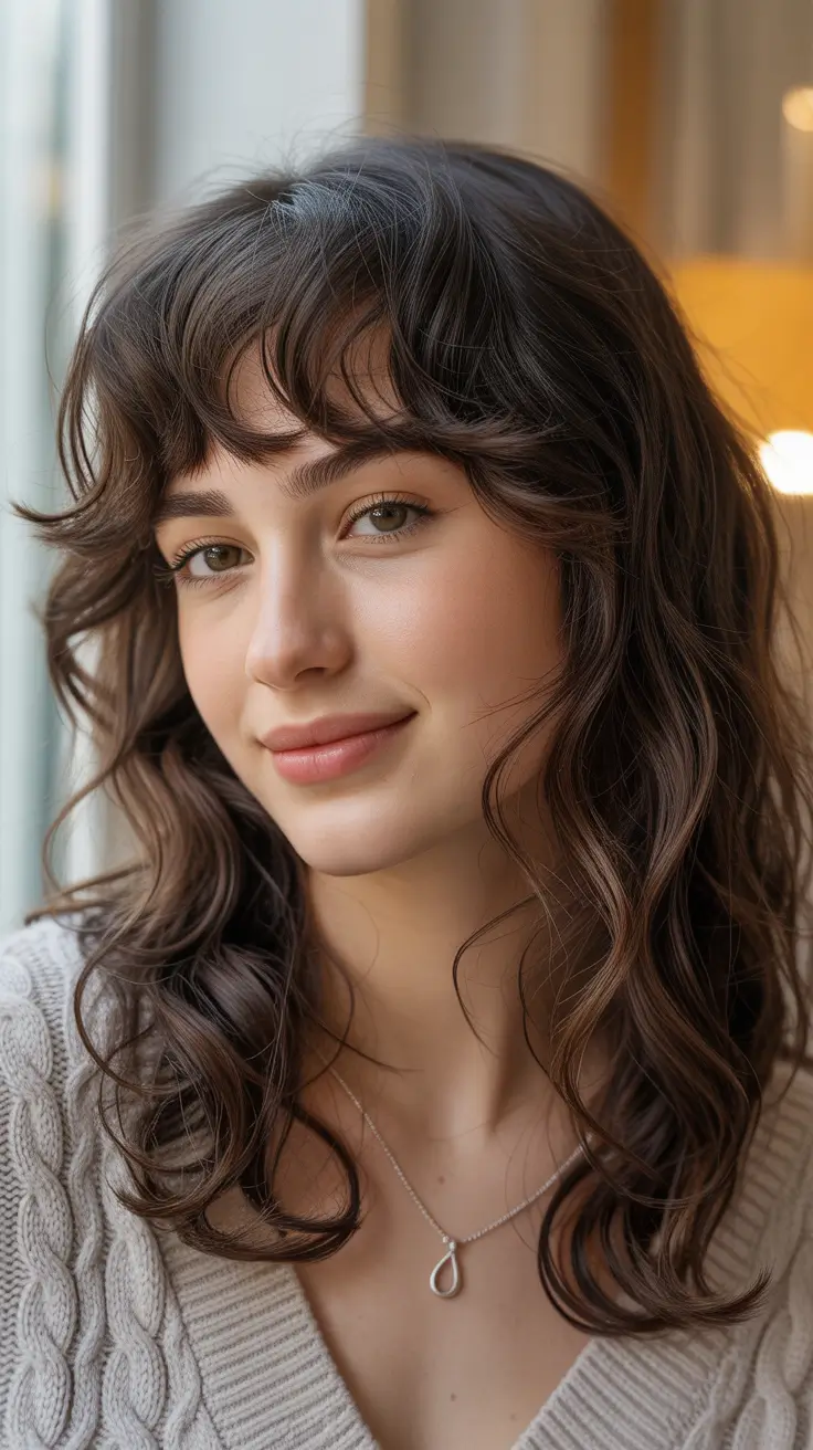 haircut for round face 2026 Soft Layers with Curly Bangs