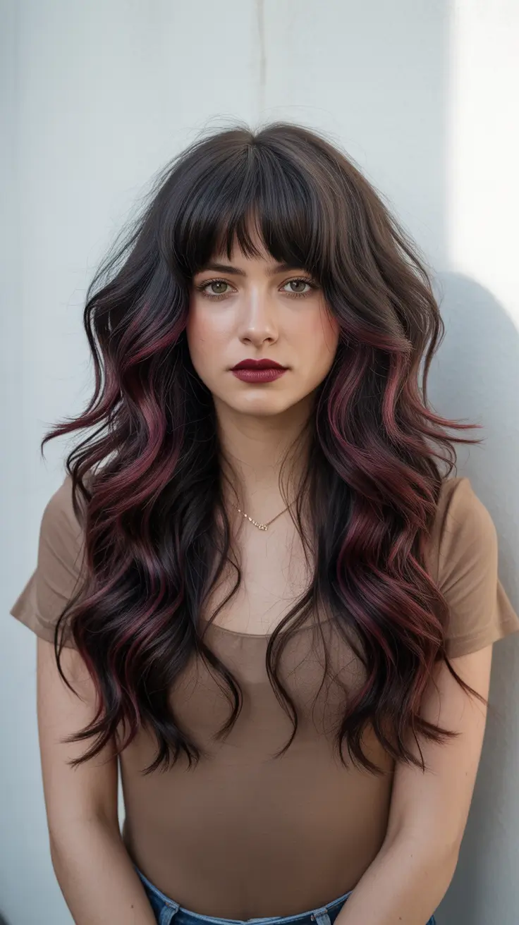 haircut for round face 2026 Dark Waves with Berry Hues