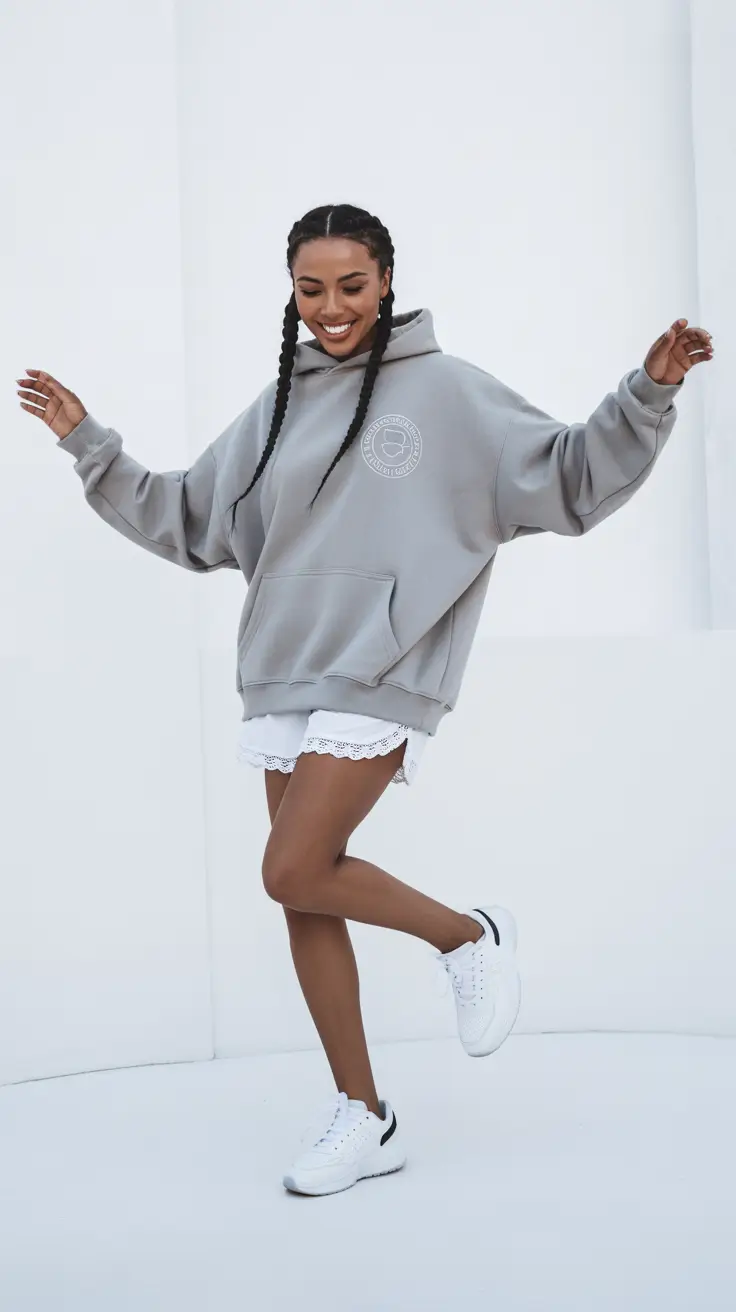 hoodie outfits 2026 Grey Hoodie and Shorts