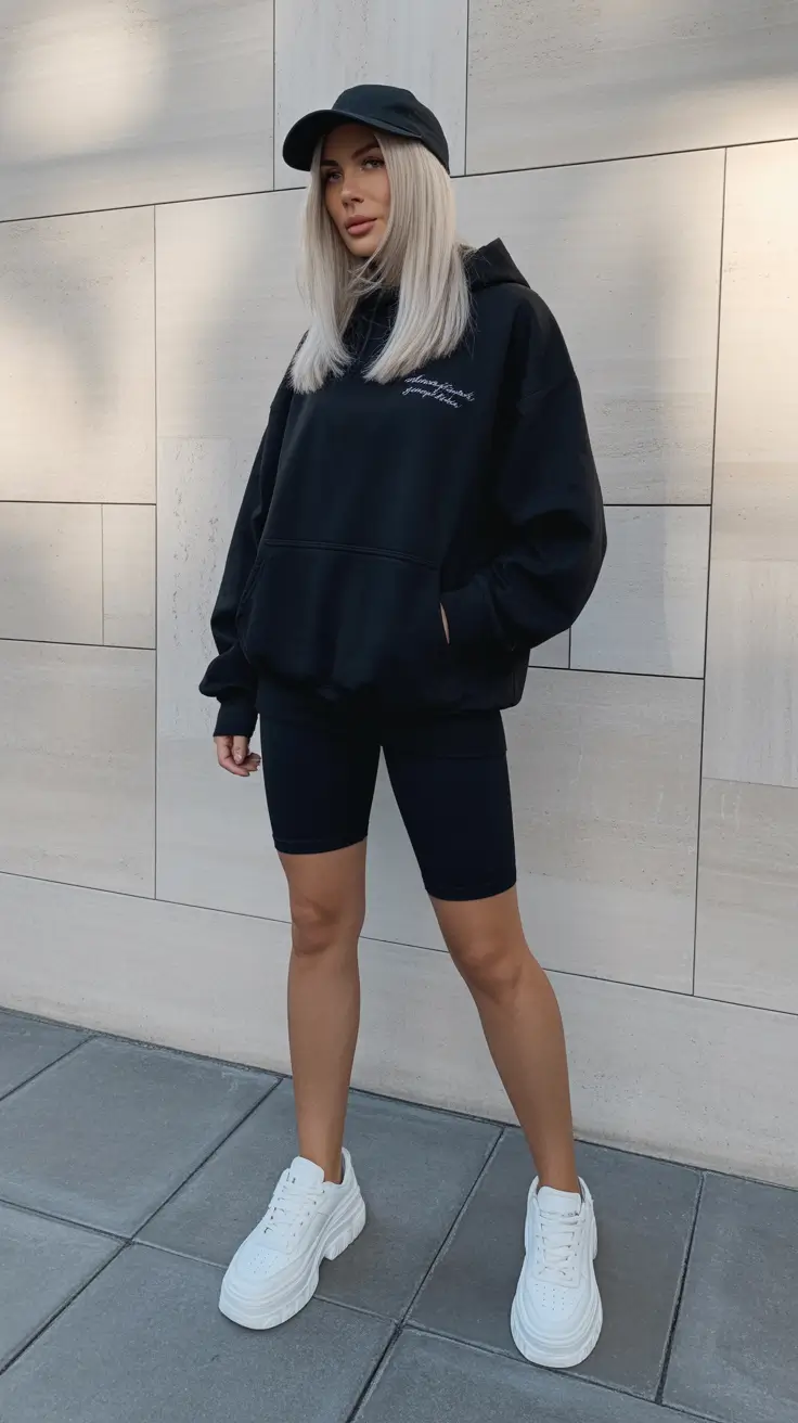 hoodie outfits 2026 Black Hoodie and Biker Shorts