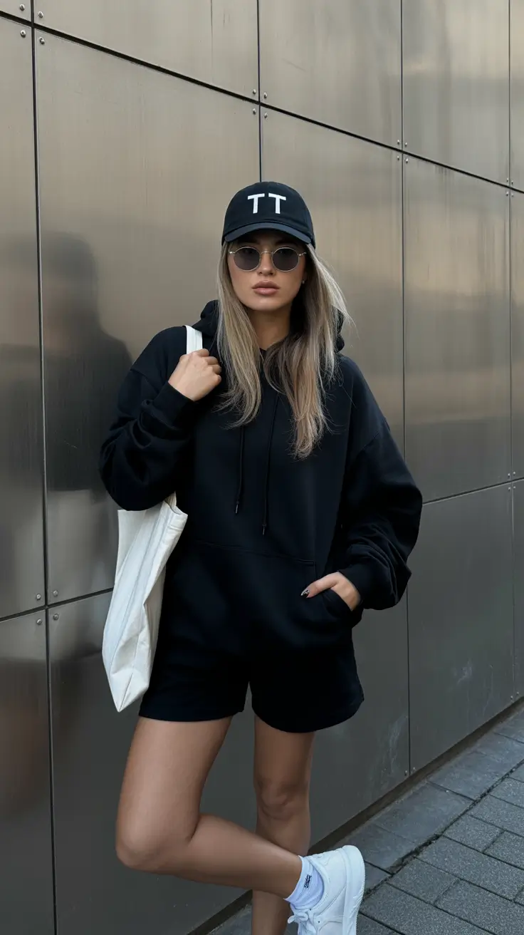 hoodie outfits 2026 Black Hoodie and Shorts