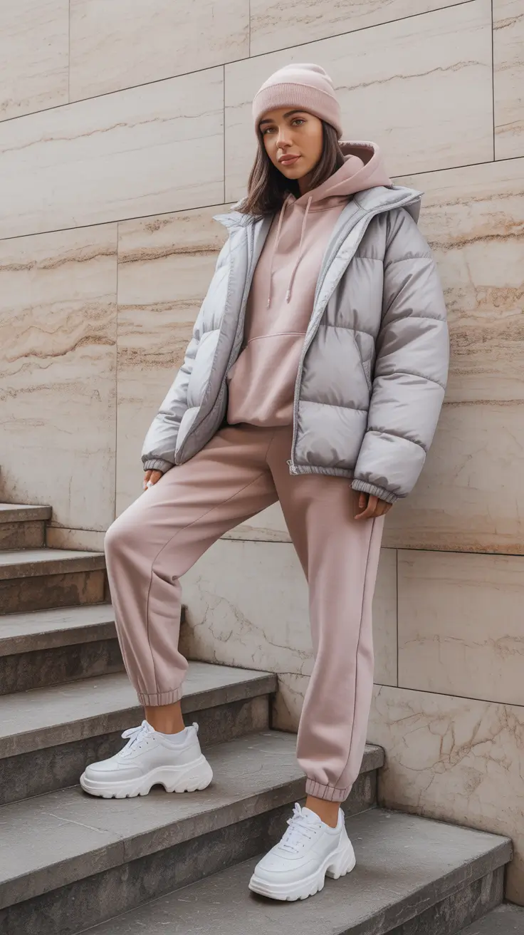hoodie outfits 2026 Pink Hoodie and Puffer Jacket