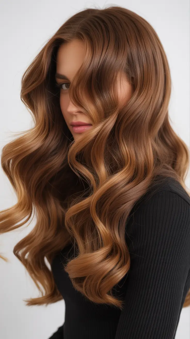 brown hair colors 2026 Golden Copper Waves for Autumn Evenings