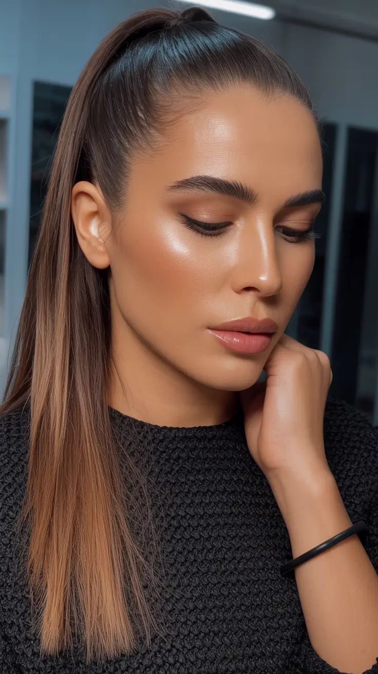 brown hair colors 2026 High Ponytail with Warm Cinnamon Gradient