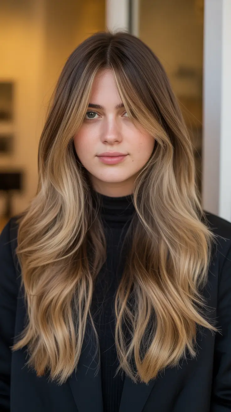 brown hair colors 2026 Golden Butter Melt with Face Framing Layers