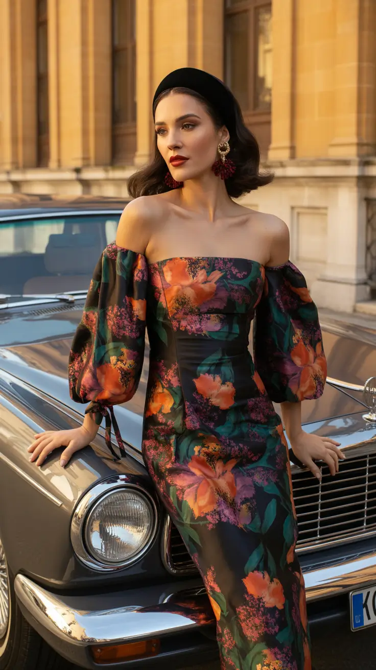 wedding guest outfits 2026 Midnight Florals and Retro Glamour