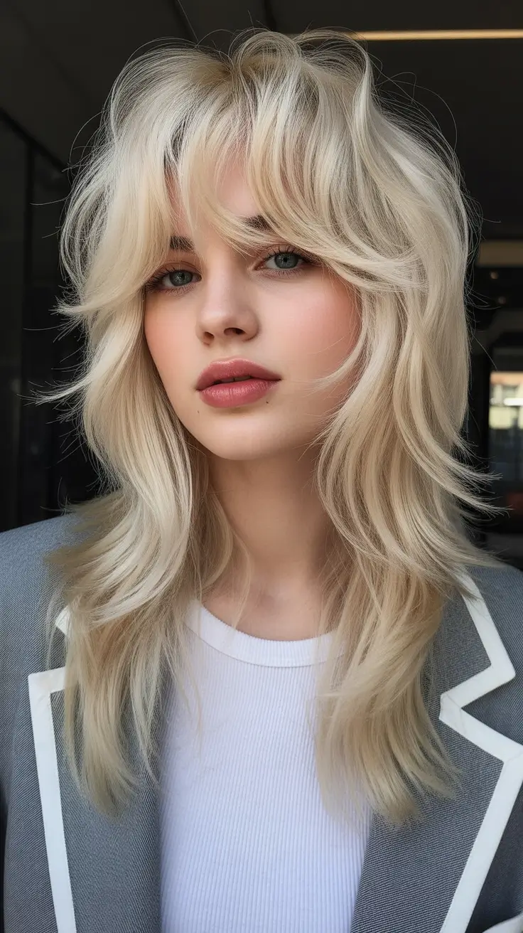 wolf haircut 2026 Soft Blonde Layers with Curtain Bangs