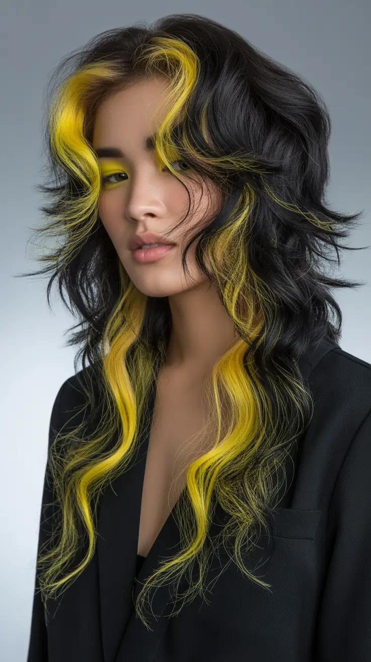 wolf haircut 2026 Electric Yellow Streaks for Bold Souls