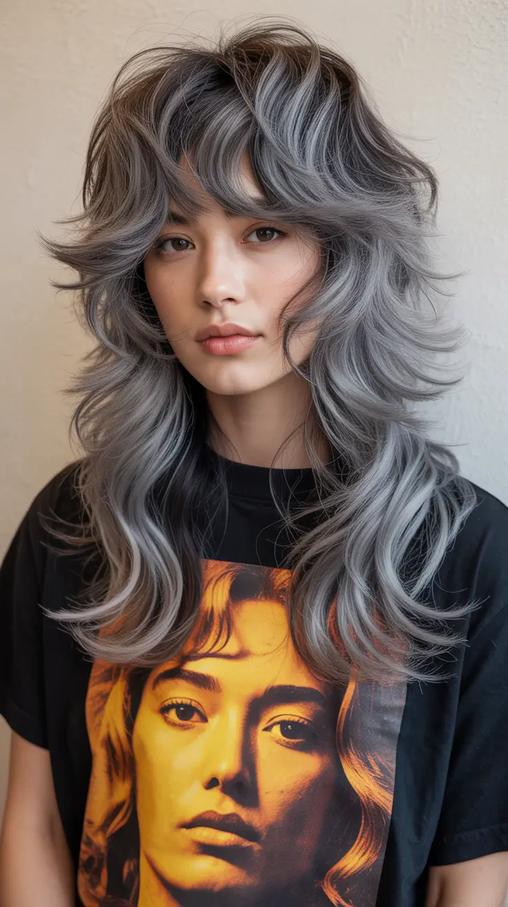 wolf haircut 2026 Silver Smoke Glam with Layered Power
