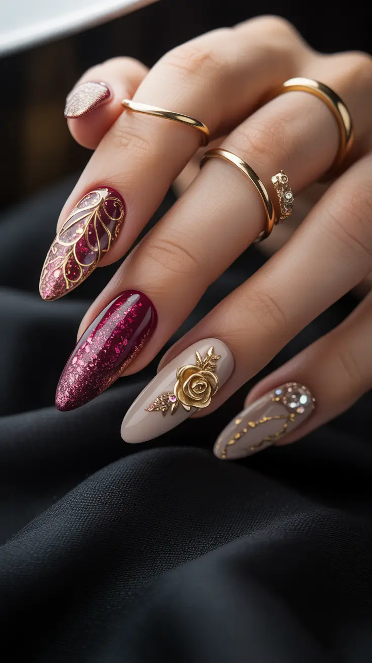 Almond Nails Fresh Ideas 2026 Burgundy Gold Almond Nails