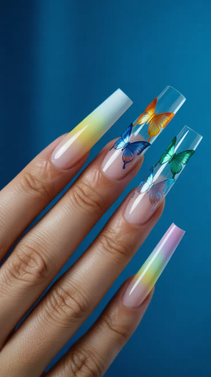 Best Nail Designs 2026 Transparent Ombre With Butterfly Details