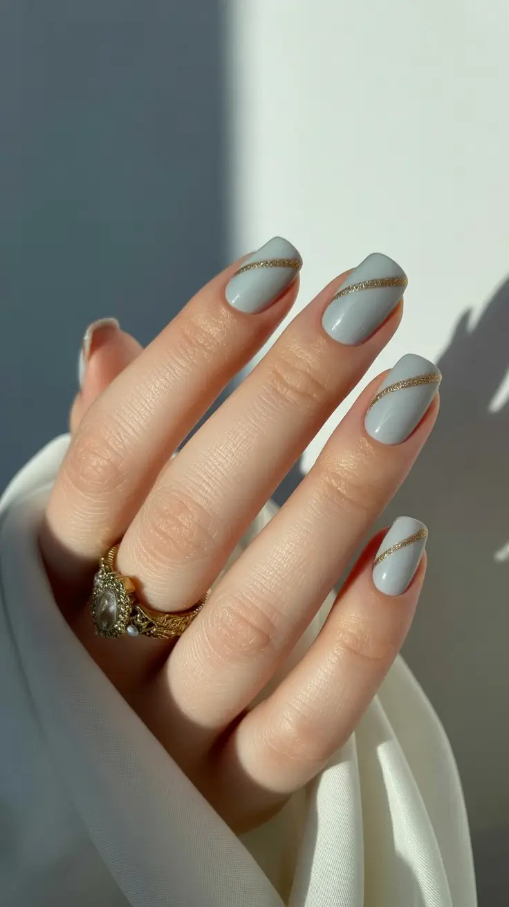 Best Nail Designs 2026 Muted Blue With Minimal Gold Lines