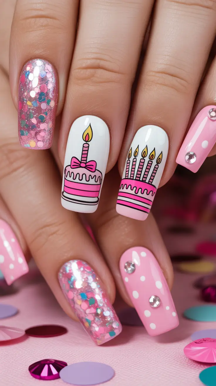 Birthday Nail Designs 2026 Playful Pink Graphic Cake