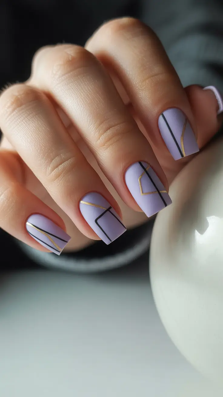 birthday nails 2026 Soft Lavender Geometry with Gold Accents