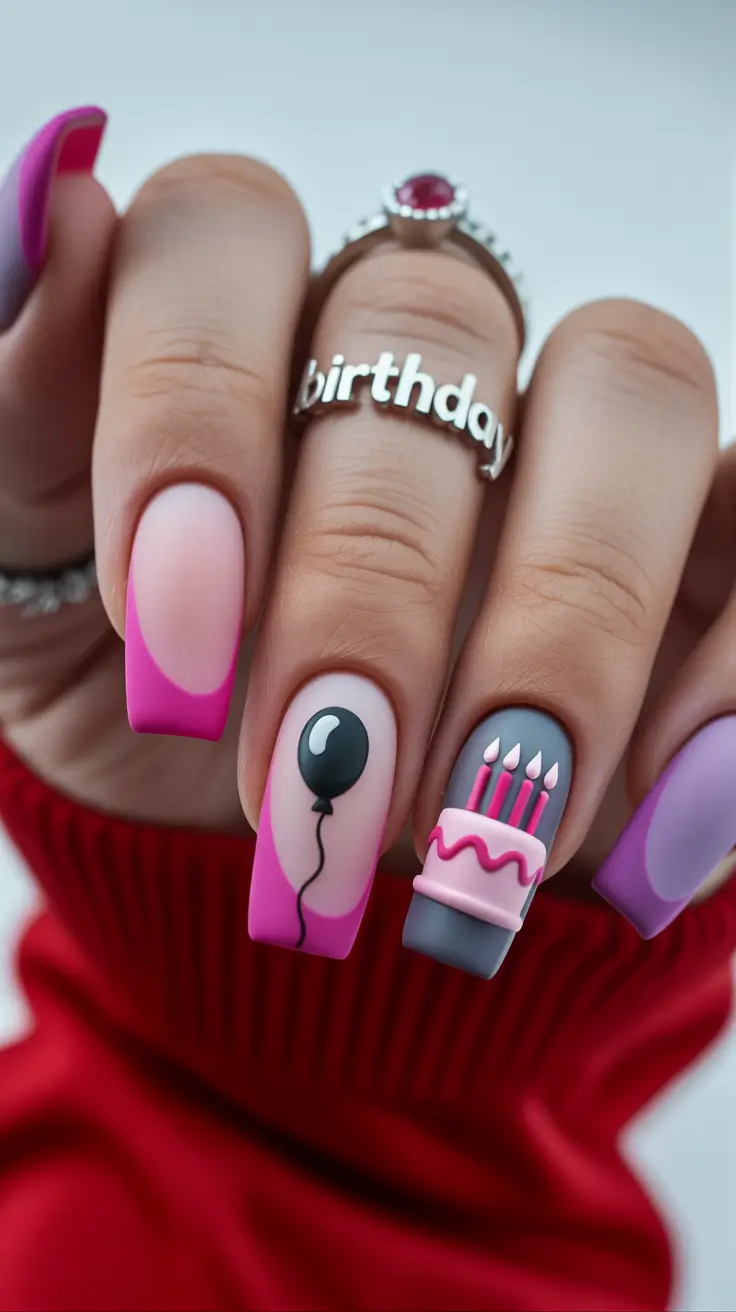 Birthday Nail Designs 2026 Pink Tips Birthday Art