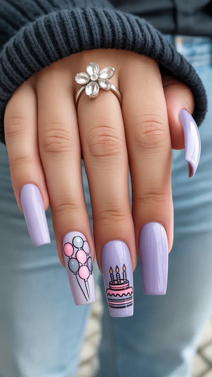 Birthday Nail Designs 2026 Lavender Cute Cake