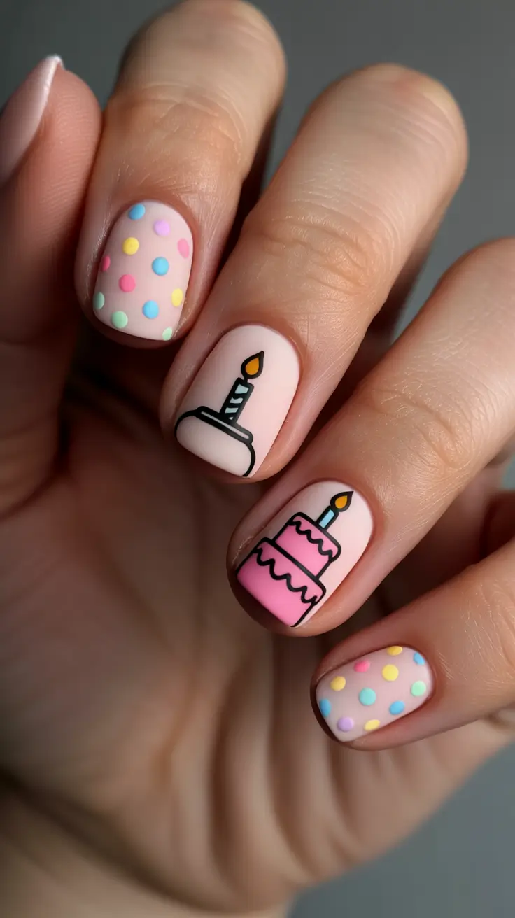 Birthday Nail Designs 2026 Short Cute Cake