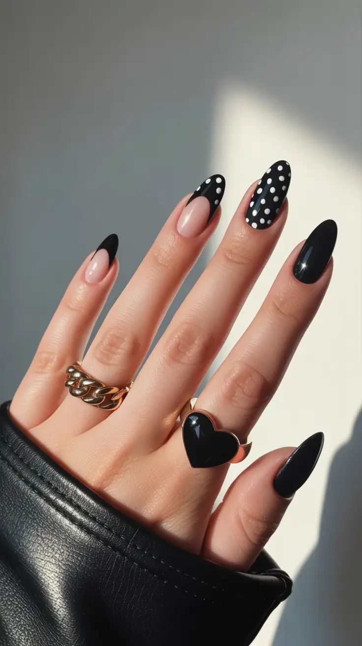 Black Nail Designs 2026 Mixed Black French and Polka Art for a Trendy 2026 Set