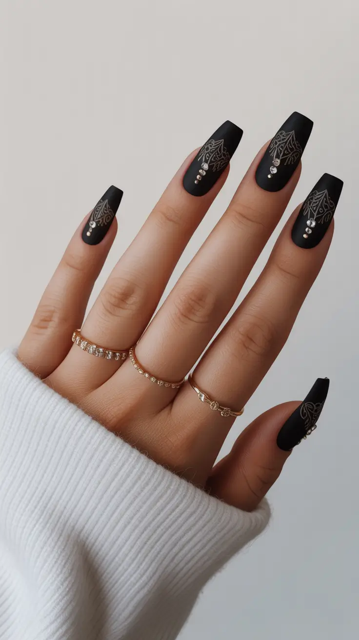 Black Nail Designs 2026 Matte Black Lace Nails with Crystal Details