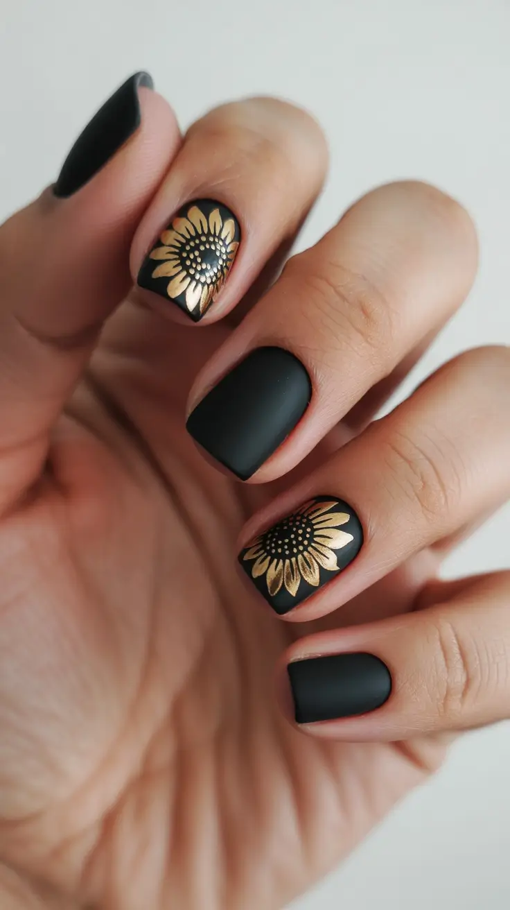 Black Nail Designs 2026 Matte Black Nails with Gold Sunflower Accents
